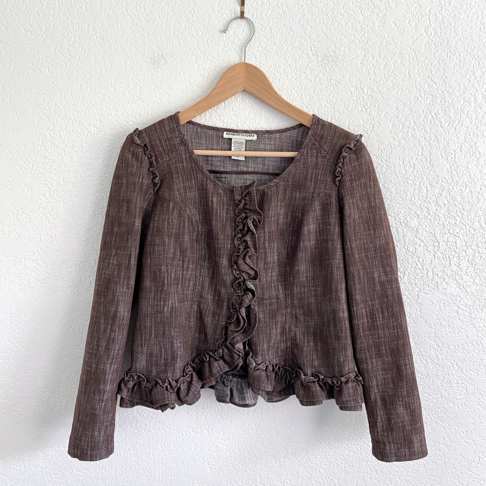 Y2K Bamboo Traders Brown Ruffle Crop Jacket Blazer Princess Seam Womens Small‎